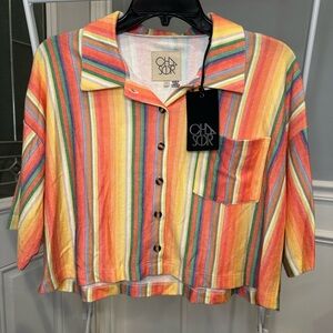 NWT Chaser Women’s Colorful Striped Button-Up Crop Top Shirt